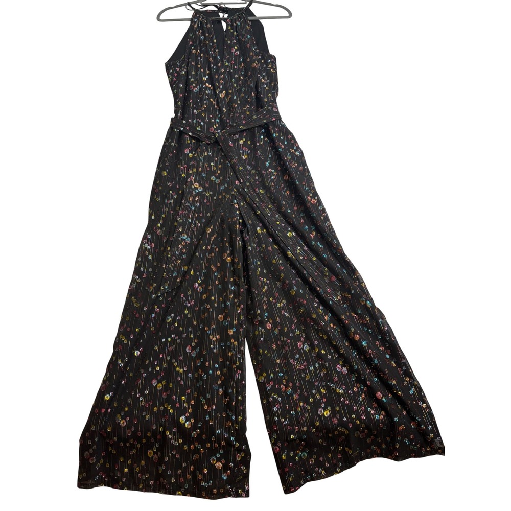 Eva Franco Jumpsuit Women's Black Excellent Metallic Floral Wide Leg Size 8